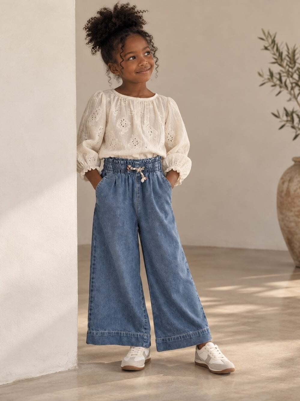 Zara Kids Girls Wide Leg Jeans Size 7 Blue Ankle Length Pull On Denim